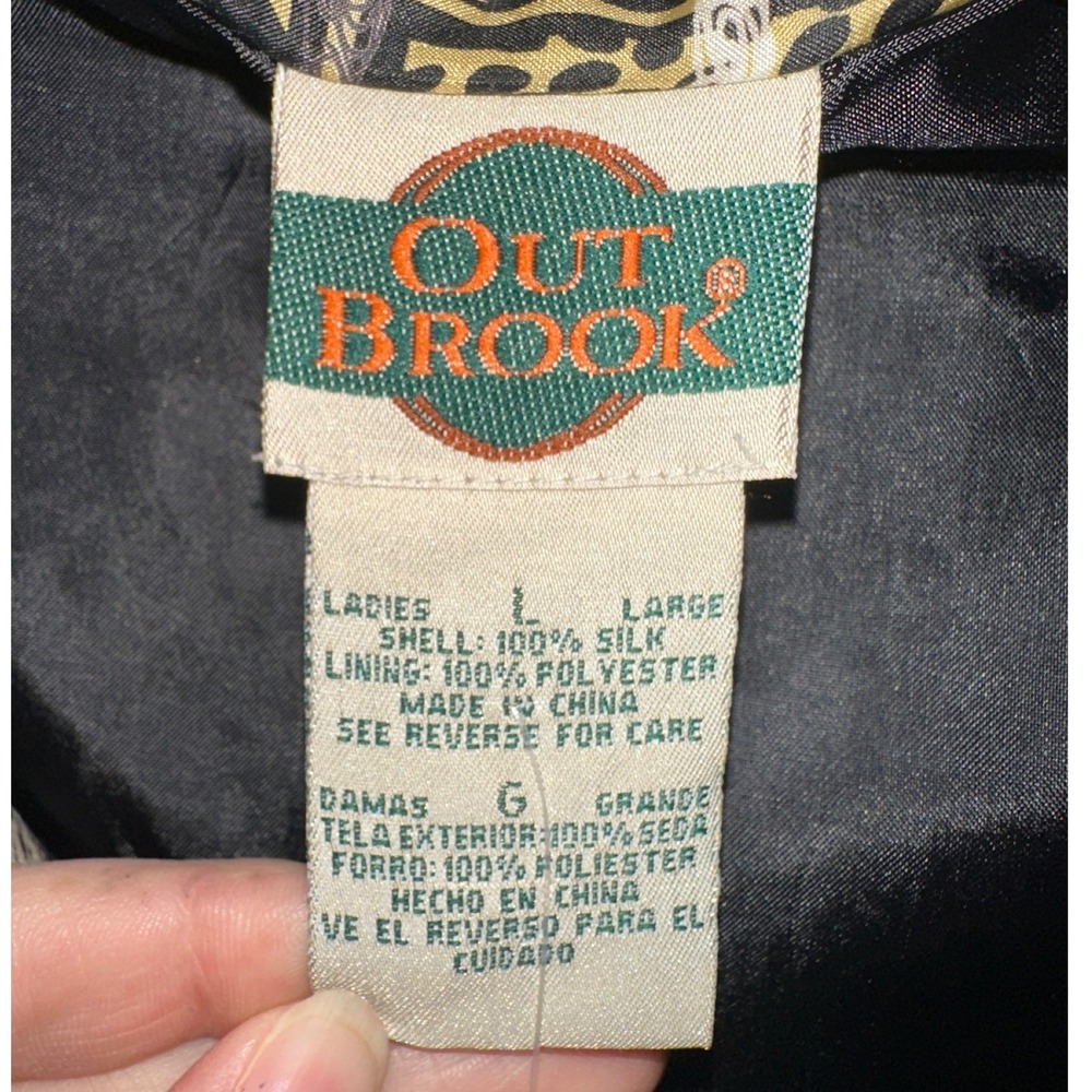 Out Brook Womens 100% Silk Zip Up Bomber Jacket Gold Black Funnel Neck Vintage L - Picture 4 of 7